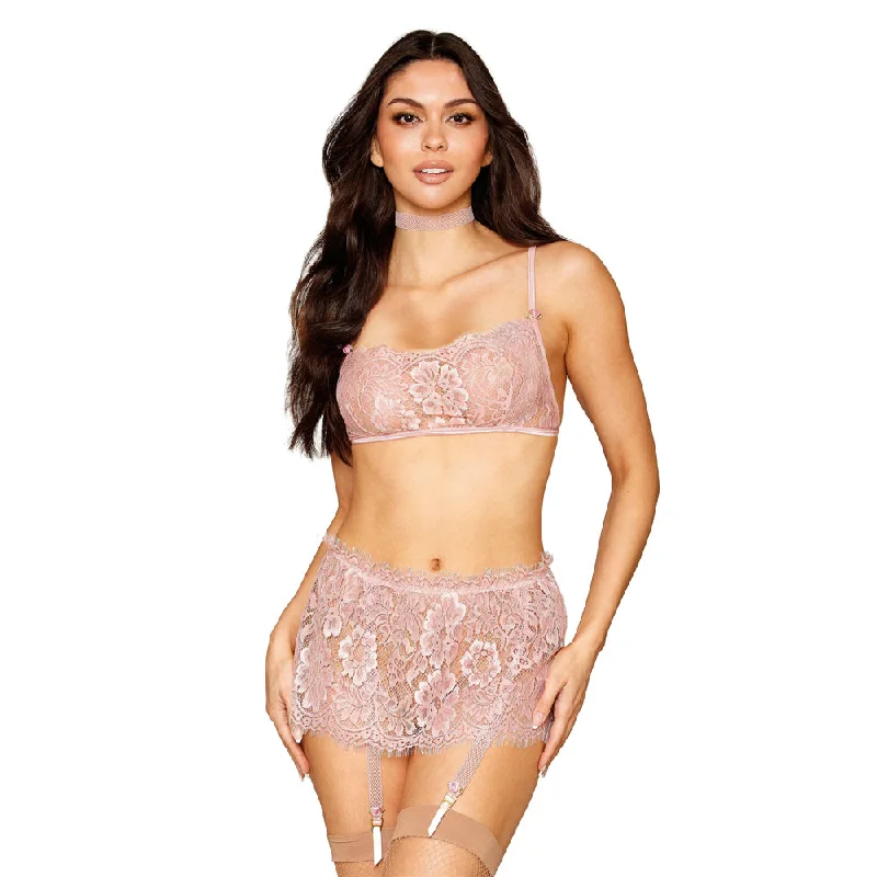 Dreamgirl Eyelash Lace Bralette Garter Skirt Choker Set Rosettes 13279 - Rose elastic waist skirt Dreamgirl Eyelash Lace Bralette Garter Skirt Choker Set Rosettes 13279 - Rose elastic waist skirt