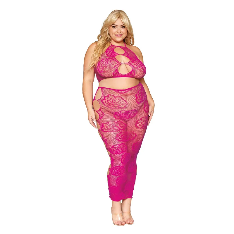 Dreamgirl Plus Size Bralette Skirt Set Rose Fishnet 0485X - Beet breathable skirt fabric Dreamgirl Plus Size Bralette Skirt Set Rose Fishnet 0485X - Beet breathable skirt fabric
