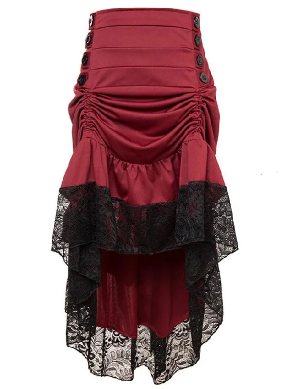 Gothic Victorian Red High Waist Lace Trim Good Elasticity Ruffled High-low Skirt satin skirt smooth Gothic Victorian Red High Waist Lace Trim Good Elasticity Ruffled High-low Skirt satin skirt smooth