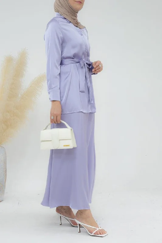 Lavender Blouse Skirt Modest set maxi skirt with elasticated waistband maxi sleeve buttoned shirt with a detachable belt lace skirt elegant Lavender Blouse Skirt Modest set maxi skirt with elasticated waistband maxi sleeve buttoned shirt with a detachable belt lace skirt elegant