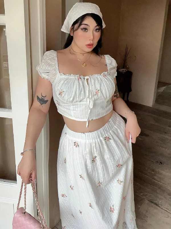 Lionelle Plus Size White French Floral Square Neck Short Puffed Sleeve Cropped Top + High Waist Long Flowing Skirt Matching Set wool skirt thick Lionelle Plus Size White French Floral Square Neck Short Puffed Sleeve Cropped Top + High Waist Long Flowing Skirt Matching Set wool skirt thick