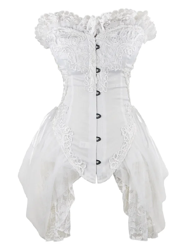 Strapless Floral Embroidery Mesh Princess Vintage Bustier Corset with Lace Skirt White tiered skirt playful Strapless Floral Embroidery Mesh Princess Vintage Bustier Corset with Lace Skirt White tiered skirt playful